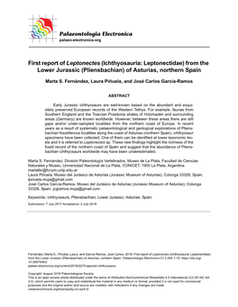 First Report of Leptonectes (Ichthyosauria: Leptonectidae) from the Lower Jurassic (Pliensbachian) of Asturias, Northern Spain