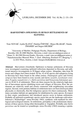 (Opiliones) in Human Settlem Ents of Slovenia