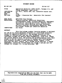 Apprentice Machinist (AFSC 53130), Volumes 1-4, and Change Supplement !AFSC 42730)
