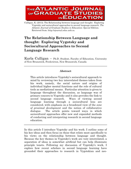 The Relationship Between Language and Thought: Exploring Vygotsky and Sociocultural Approaches to Second Language Research