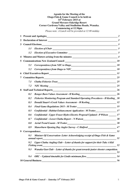 Agenda for the Meeting of the Otago Fish & Game Council to Be Held On