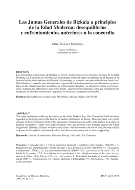 Las Juntas Generales De Bizkaia a Principios De La Edad Moderna: Desequilibrios Y Enfrentamientos Anteriores a La Concordia