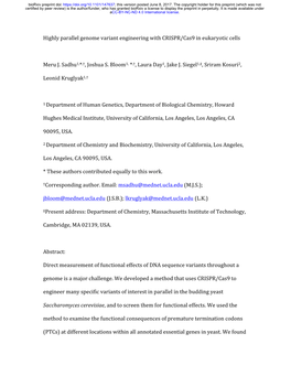 Highly Parallel Genome Variant Engineering with CRISPR/Cas9 in Eukaryotic Cells