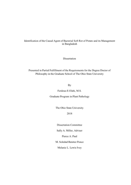 Identification of the Causal Agent of Bacterial Soft Rot of Potato and Its Management in Bangladesh Dissertation Presented in Pa