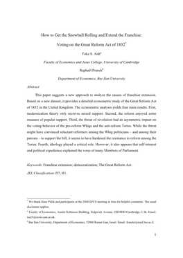 How to Get the Snowball Rolling and Extend the Franchise: Voting on the Great Reform Act of 1832