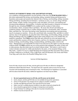 NOTICE of INHERENT RISKS and ASSUMPTION of RISK As a Condition of Being Permitted to Use the Facilities of the Area, the PURCHAS