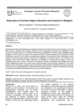 Sixty Years of Tourism Higher Education and Research in Bulgaria