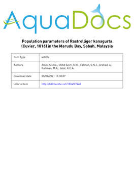 Population Parameters of Rastrelliger Kanagurta (Cuvier, 1816) in the Marudu Bay, Sabah, Malaysia