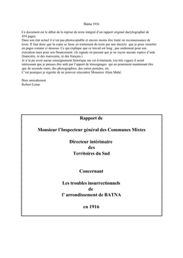 Rapport De Monsieur L'inspecteur Général Des Communes Mixtes