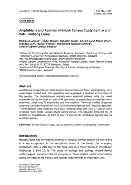 Amphibians and Reptiles of Imbak Canyon Study Centre and Batu Timbang Camp