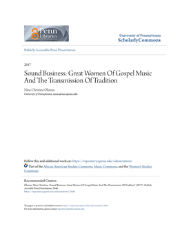 Sound Business: Great Women of Gospel Music and the Rt Ansmission of Tradition Nina Christina Öhman University of Pennsylvania, Ninao@Sas.Upenn.Edu