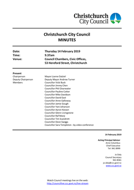 14 February 2019 Time: 9.37Am Venue: Council Chambers, Civic Offices, 53 Hereford Street, Christchurch