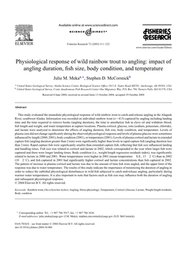 Physiological Response of Wild Rainbow Trout to Angling: Impact of Angling Duration, ﬁsh Size, Body Condition, and Temperature