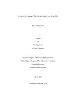 The Role and Impact of the Welsh Bible Anastasia Llewellyn a Thesis