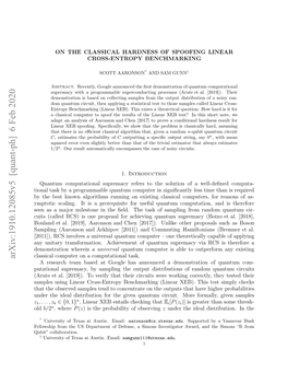 Arxiv:1910.12085V5 [Quant-Ph] 6 Feb 2020 N Ntr Rnfrain Civmn Fqatmsupremacy Quantum a of Achievement Wherein Theoretic Demonstration One ( Transformation