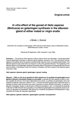 (Mollusca) on Galactogen Synthesis in the Albumen Gland of Either Mated Or Virgin Snails