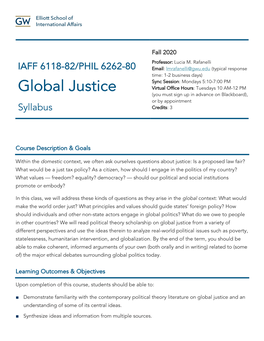 Global Justice (You Must Sign up in Advance on Blackboard), Or by Appointment Syllabus Credits: 3