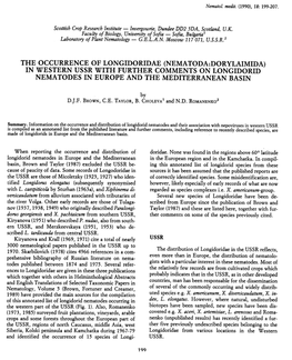 The Occurrence of Longidoridae (Nema Toda:Dorylaimida) in Western Ussr with Further Comments on Longidorid Nema Todes in Europe and the Mediterranean Basin