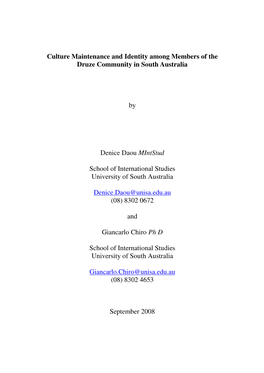 Culture Maintenance and Identity Among Members of the Druze Community in South Australia