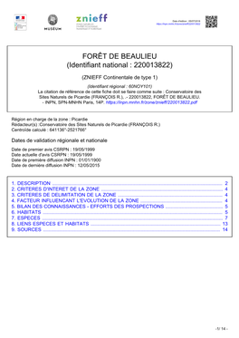 FORÊT DE BEAULIEU (Identifiant National : 220013822)