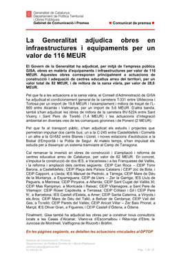 La Generalitat Adjudica Obres En Infraestructures I Equipaments Per Un Valor De 116 MEUR