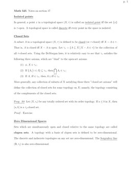 P. 1 Math 525 Notes on Section 17 Isolated Points in General, a Point X