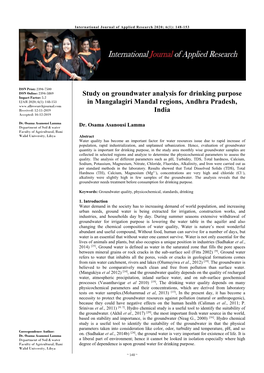 Study on Groundwater Analysis for Drinking Purpose in Mangalagiri