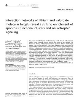 Interaction Networks of Lithium and Valproate Molecular Targets Reveal a Striking Enrichment of Apoptosis Functional Clusters and Neurotrophin Signaling