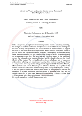 Identity and Values of Malaysian Muslims Among Women and Their Metaphor in Fashion Hanisa Hassan, Biranul Anas Zaman, Imam Sant