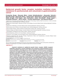 Epidermal Growth Factor Receptor Mutation Mediates Cross- Resistance to Panitumumab and Cetuximab in Gastrointestinal Cancer