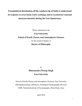 Foraminiferal Distribution Off the Southern Tip of India to Understand