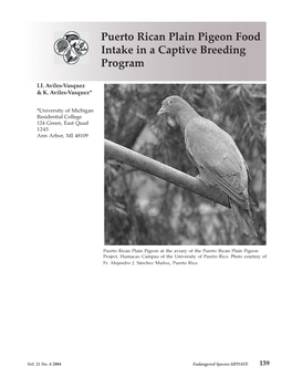 Puerto Rican Plain Pigeon Food Intake in a Captive Breeding Program