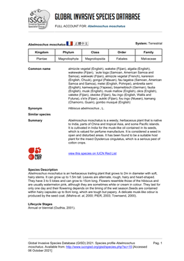 Abelmoschus Moschatus Global Invasive Species Database (GISD)