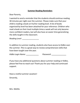 Summer Reading Reminders Dear Parents, I Wanted to Send a Reminder That the Students Should Continue Reading 30 Minutes Per Night Over the Summer