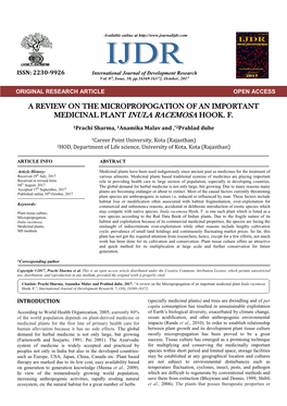 A Review on the Micropropogation of an Important Medicinal Plant Inula Racemosa Hook