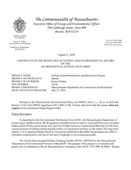 The Commonwealth of Massachusetts Executive Office of Energy and Environmental Affairs 100 Cambridge Street, Suite 900 Boston, MA 02114 Charles D