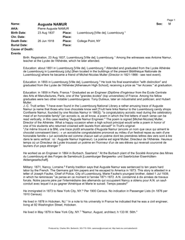 Auguste NAMUR Sex: M AKA: Pierre Auguste NAMUR Birth Date: 23 Aug 1837 Place: Luxembourg [Ville De], Luxembourg 1 Chr