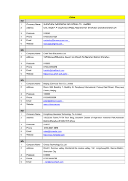 China NO. 1 Company Name SHENZHEN EVERGROW INDUSTRIAL CO., LIMITED 2 Address Unit J-M,25/F, a Wing,Fortune Plaza,7002 Shennan Blvd,Futian District,Shenzhen,CN