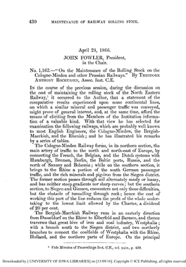 On the Maintenance of the Rolling Stock on the Cologne-Minden and Other Prussian Railways.” by THEODORE ANTHOXYROCHUSSEN, Assoc