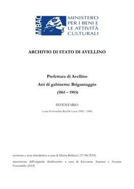 ARCHIVIO DI STATO DI AVELLINO Prefettura Di Avellino Atti Di Gabinetto