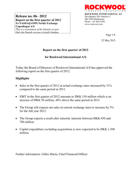 Report on the First Quarter of 2012 for Rockwool International