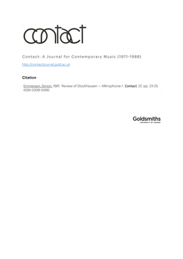 Contact: a Journal for Contemporary Music (1971-1988) Citation