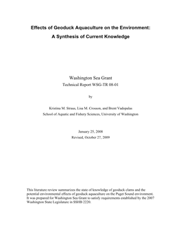 Effects of Geoduck Aquaculture on the Environment: a Synthesis of Current Knowledge