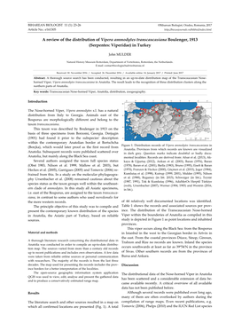 A Review of the Distribution of Vipera Ammodytes Transcaucasiana Boulenger, 1913 (Serpentes: Viperidae) in Turkey