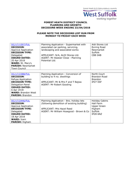 FHDC Planning Decisions 16/18