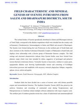 Field Characteristic and Mineral Genesis of Syenite Intrusions from Salem and Dharmapuri Districts, South India