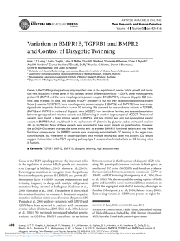 Variation in BMPR1B, TGFRB1 and BMPR2 and Control of Dizygotic Twinning