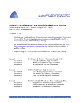 Legislative Incumbents and Their Status in New Legislative Districts Based on Wisconsin Act 43 Redistricting (2012 – 2022) for Fall, 2012, State Elections