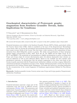 Geochemical Characteristics of Proterozoic Granite Magmatism from Southern Granulite Terrain, India: Implications for Gondwana