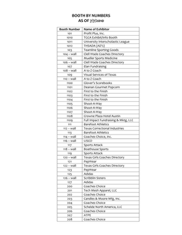 Booth by Numbers As of 7/7/2010